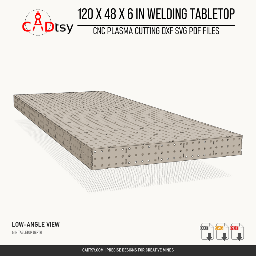 Low-angle view of the 120 x 48 x 6-inch welding tabletop and perforated side panel.