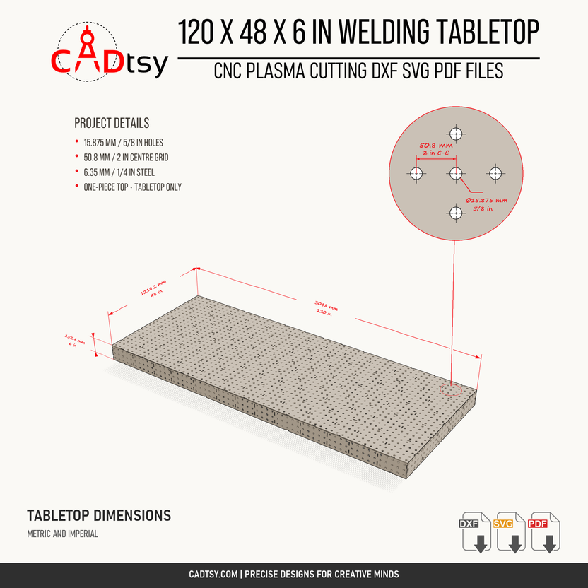 Dimensions of the 120 x 48 x 6-inch welding tabletop with inch and metric measurements and hole-grid specifications.