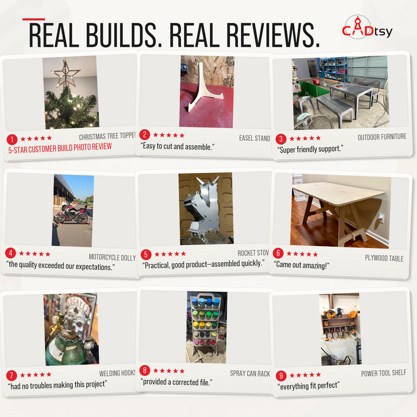 CADtsy customer build photo reviews showing completed projects made from digital CNC files
