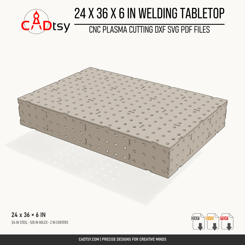 24 x 36 x 6-inch tabletop: Perspective render of the 24 by 36 by 6 inch welding fixture tabletop. Digital design files; no physical item.