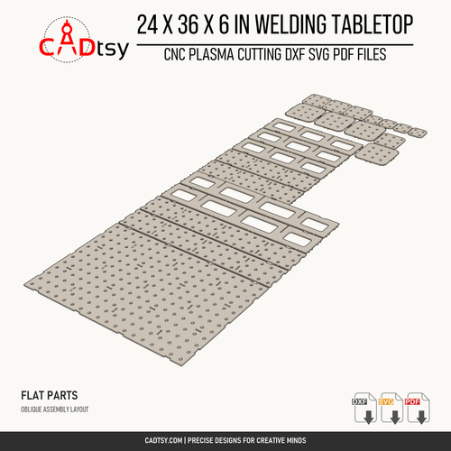 24 x 36 x 6-inch tabletop: Oblique arrangement of the tabletop components and separate flange plates. Digital design files; no physical item.