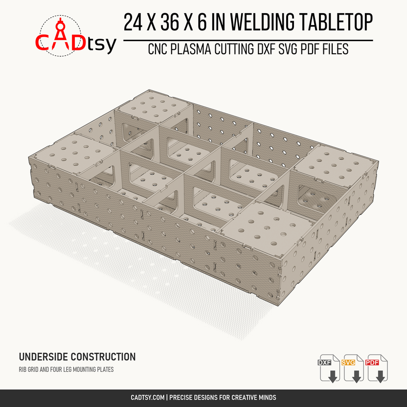 24 x 36 x 6-inch tabletop: Upside-down tabletop showing the rib grid and four leg mounting plates. Digital design files; no physical item.