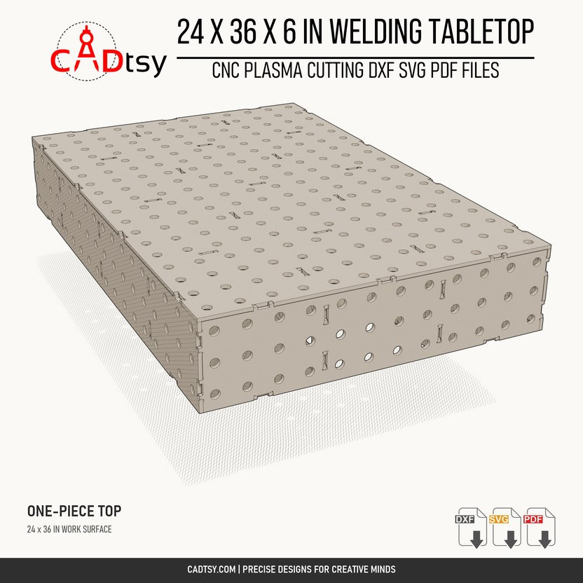 24 x 36 x 6-inch tabletop: End-angle render showing the one-piece tabletop and perforated sides. Digital design files; no physical item.