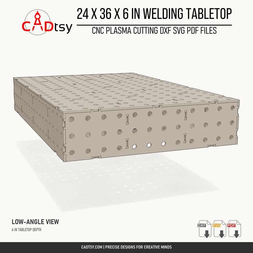 24 x 36 x 6-inch tabletop: Low end view showing tabletop depth and fixture holes in the side panels. Digital design files; no physical item.