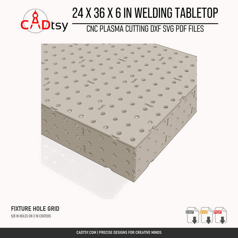 24 x 36 x 6-inch tabletop: Close-up of the fixture hole grid and tabbed tabletop corner. Digital design files; no physical item.