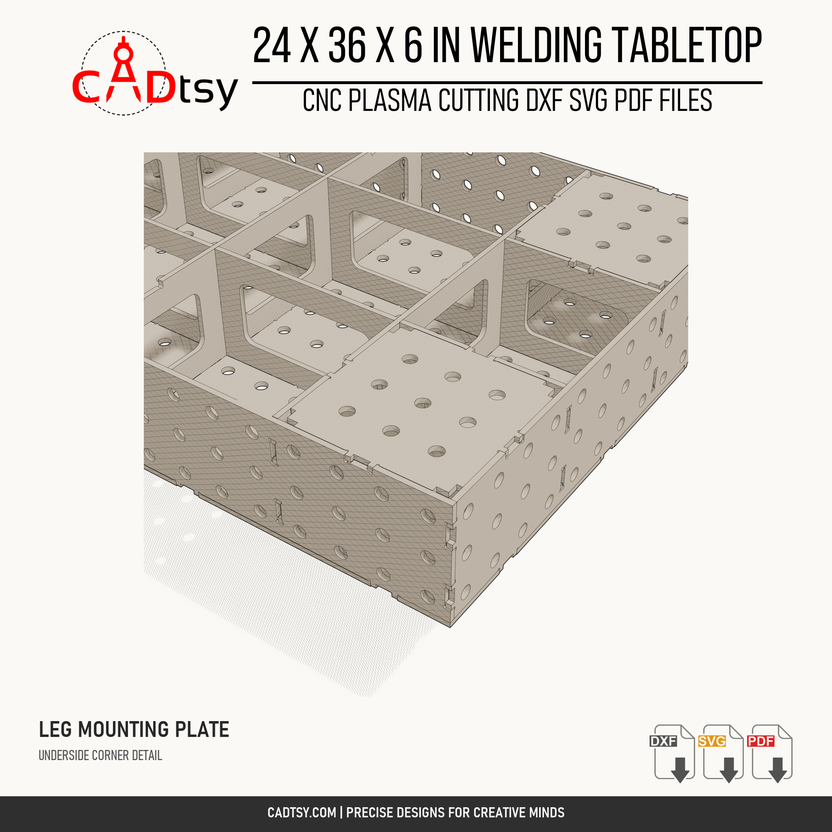 24 x 36 x 6-inch tabletop: Close-up of the nine-hole leg mounting plate and adjoining underside ribs. Digital design files; no physical item.