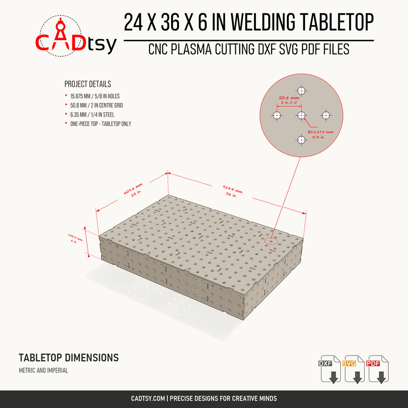 24 by 36 by 6 inch tabletop dimensions, one of the four included designs; no legs or physical table supplied.