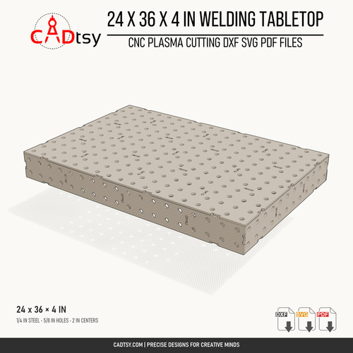 24 x 36 x 4-inch tabletop: Perspective render of the 24 by 36 by 4 inch welding fixture tabletop. Digital design files; no physical item.