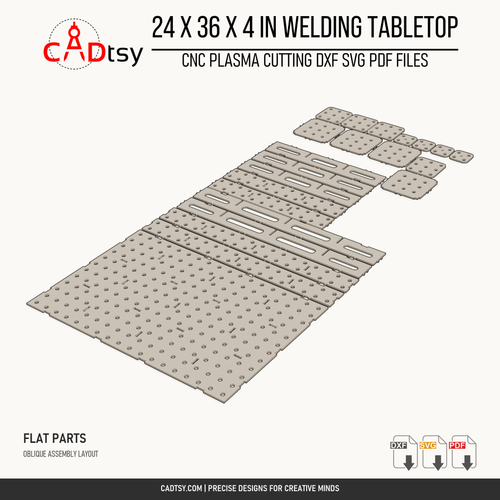24 x 36 x 4-inch tabletop: Oblique arrangement of the tabletop components and separate flange plates. Digital design files; no physical item.