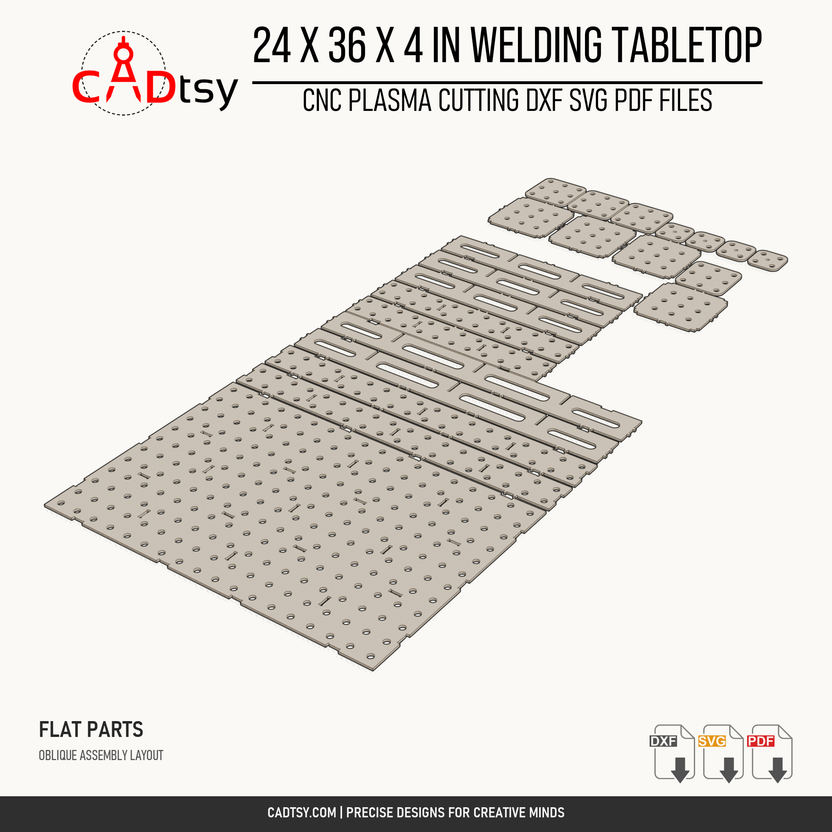 24 x 36 x 4-inch tabletop: Oblique arrangement of the tabletop components and separate flange plates. Digital design files; no physical item.