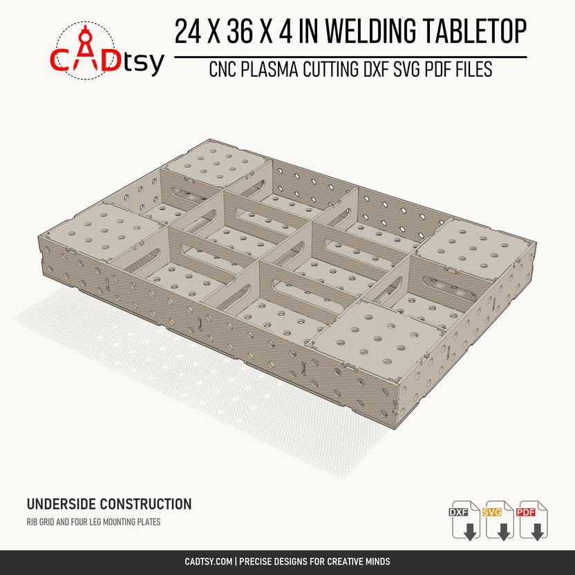 24 x 36 x 4-inch tabletop: Upside-down tabletop showing the rib grid and four leg mounting plates. Digital design files; no physical item.