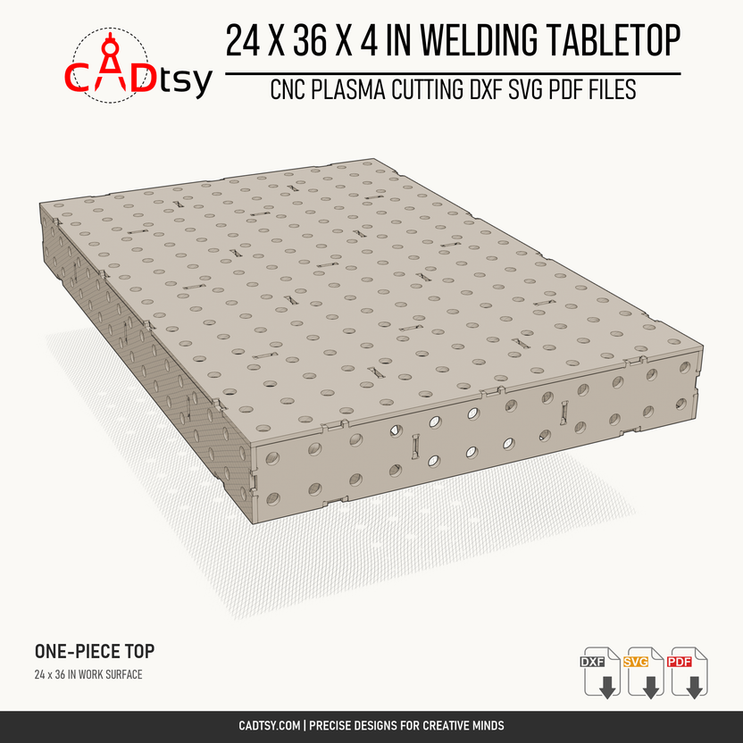 24 x 36 x 4-inch tabletop: End-angle render showing the one-piece tabletop and perforated sides. Digital design files; no physical item.