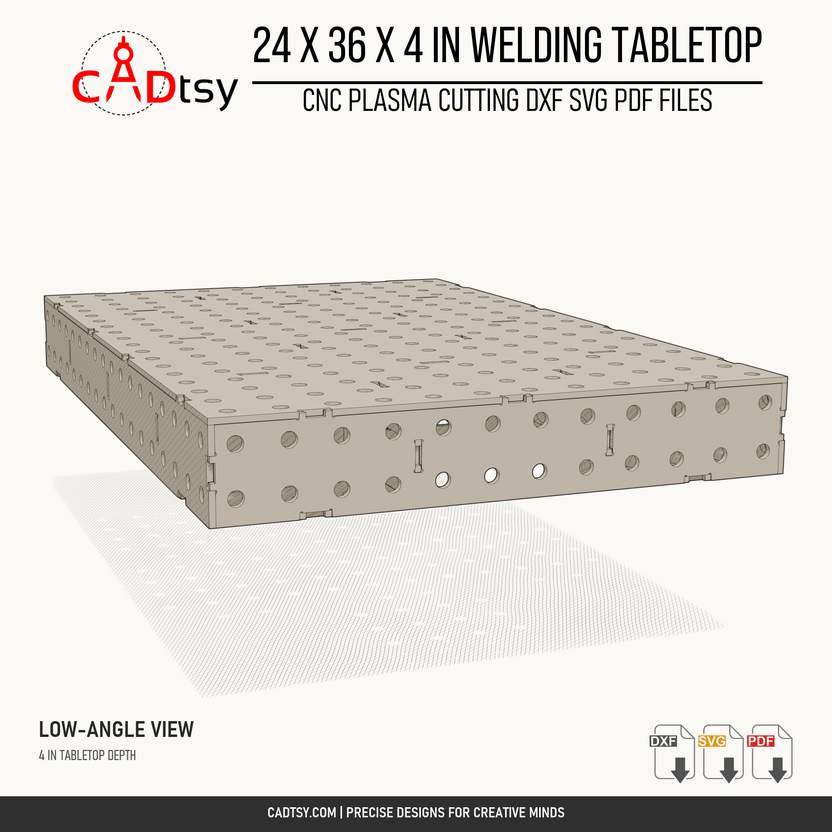 24 x 36 x 4-inch tabletop: Low end view showing tabletop depth and fixture holes in the side panels. Digital design files; no physical item.