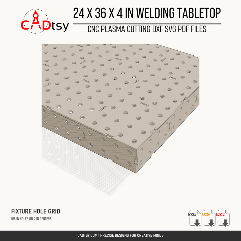 24 x 36 x 4-inch tabletop: Close-up of the fixture hole grid and tabbed tabletop corner. Digital design files; no physical item.