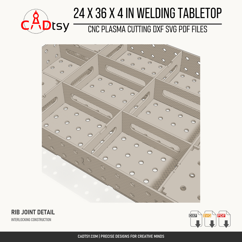 24 x 36 x 4-inch tabletop: Close-up of intersecting underside ribs and their tab and slot joints. Digital design files; no physical item.