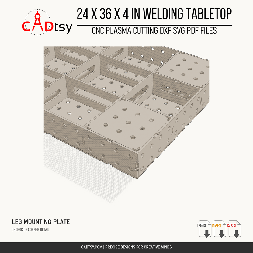 24 x 36 x 4-inch tabletop: Close-up of the nine-hole leg mounting plate and adjoining underside ribs. Digital design files; no physical item.