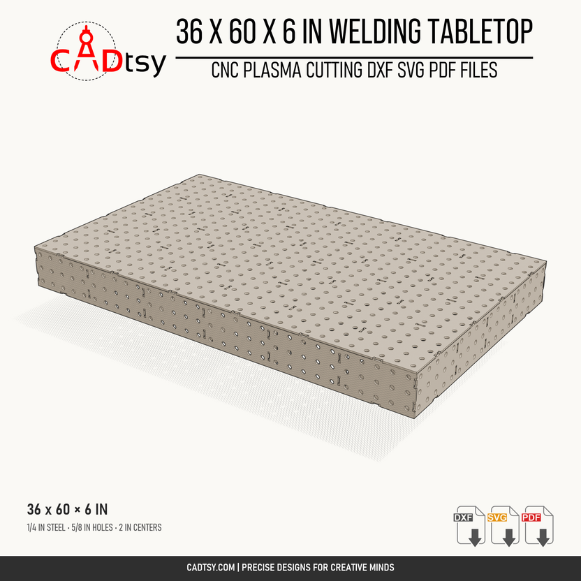 36 x 60 x 6-inch tabletop: Perspective render of the 36 by 60 by 6 inch welding fixture tabletop. Digital design files; no physical item.