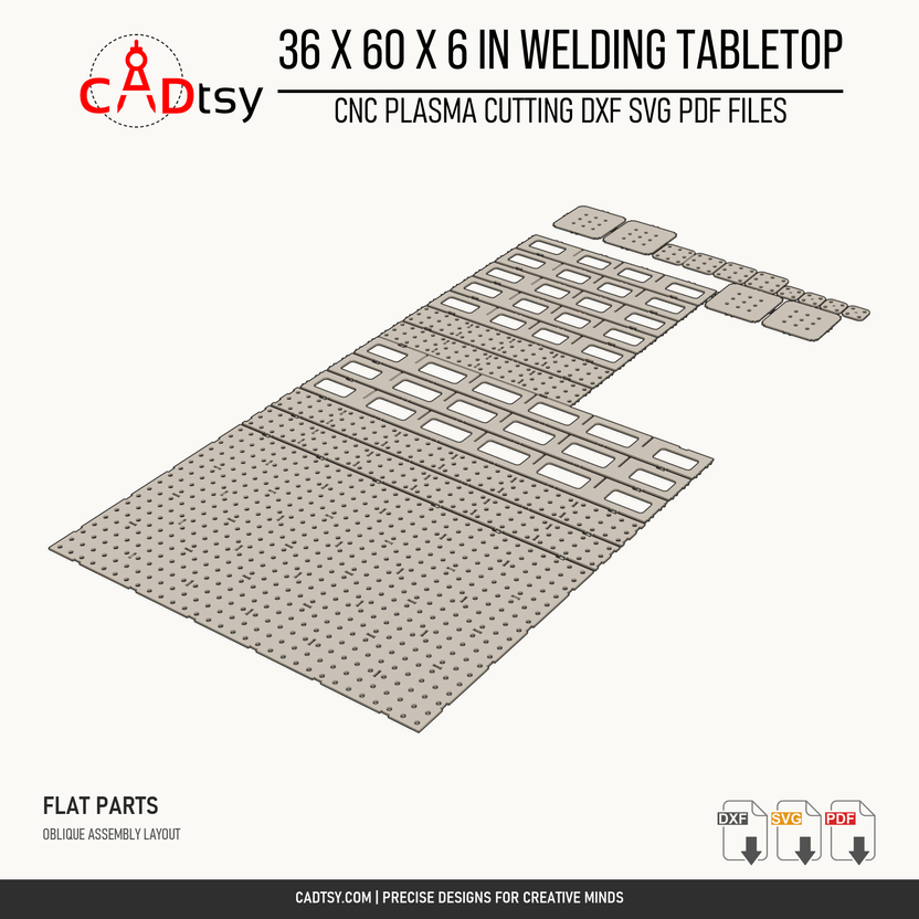 One oblique flat-parts example from the 36x60x6-inch design. Other sizes have their own cutting files and quantities; this is not sheet nesting.