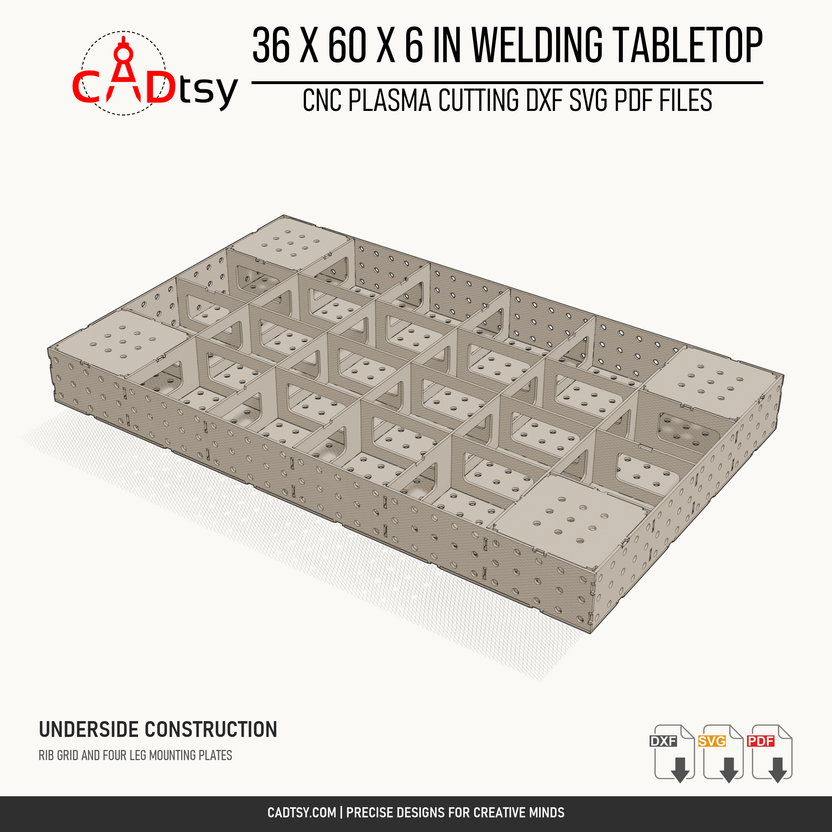 36 x 60 x 6-inch tabletop: Upside-down tabletop showing the rib grid and four leg mounting plates. Digital design files; no physical item.
