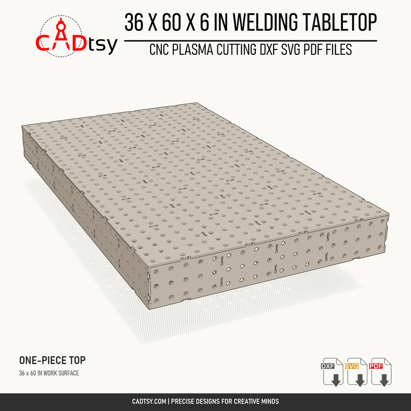 36 x 60 x 6-inch tabletop: End-angle render showing the one-piece tabletop and perforated sides. Digital design files; no physical item.