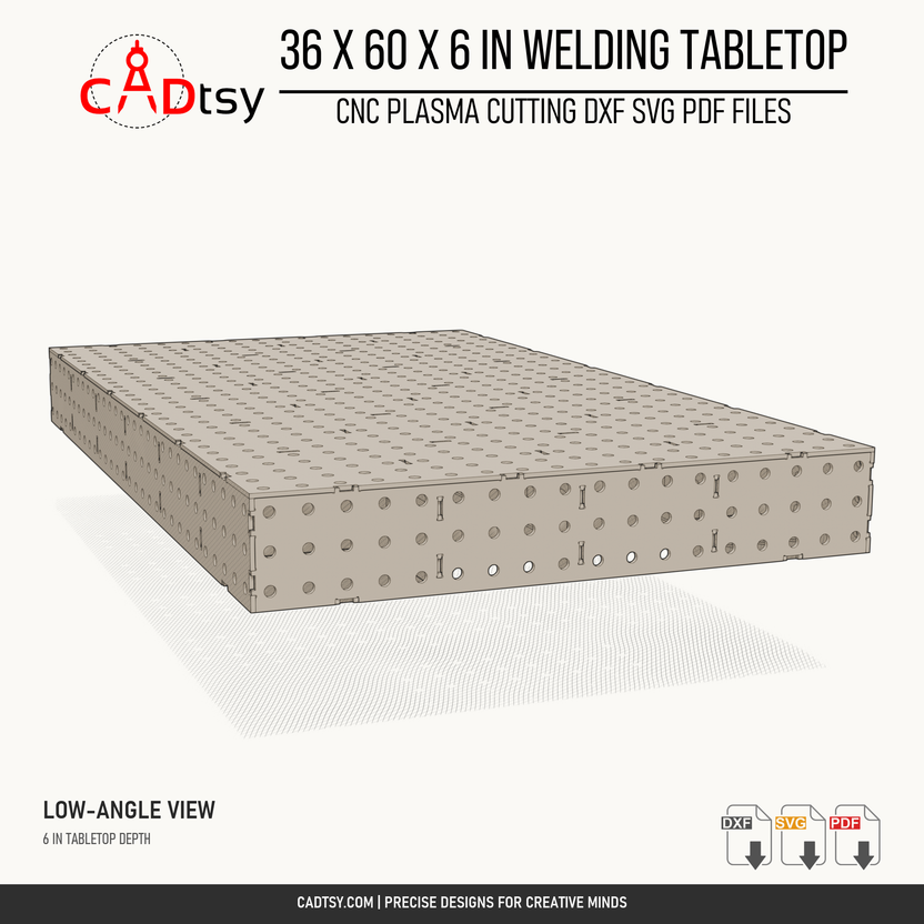 36 x 60 x 6-inch tabletop: Low end view showing tabletop depth and fixture holes in the side panels. Digital design files; no physical item.