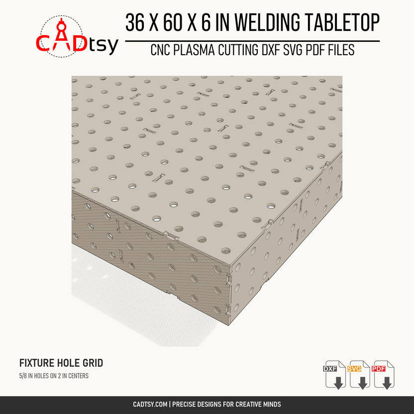 36 x 60 x 6-inch tabletop: Close-up of the fixture hole grid and tabbed tabletop corner. Digital design files; no physical item.