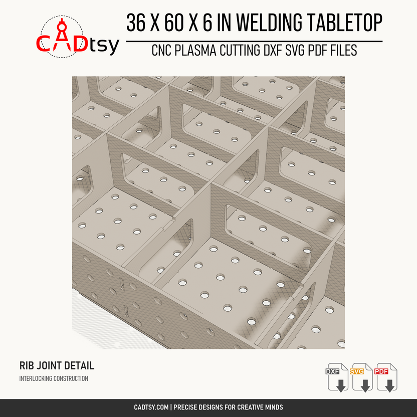 36 x 60 x 6-inch tabletop: Close-up of intersecting underside ribs and their tab and slot joints. Digital design files; no physical item.
