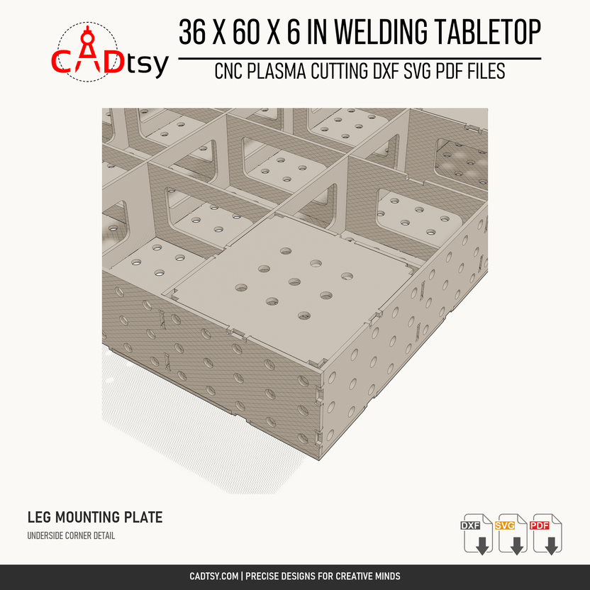 36 x 60 x 6-inch tabletop: Close-up of the nine-hole leg mounting plate and adjoining underside ribs. Digital design files; no physical item.
