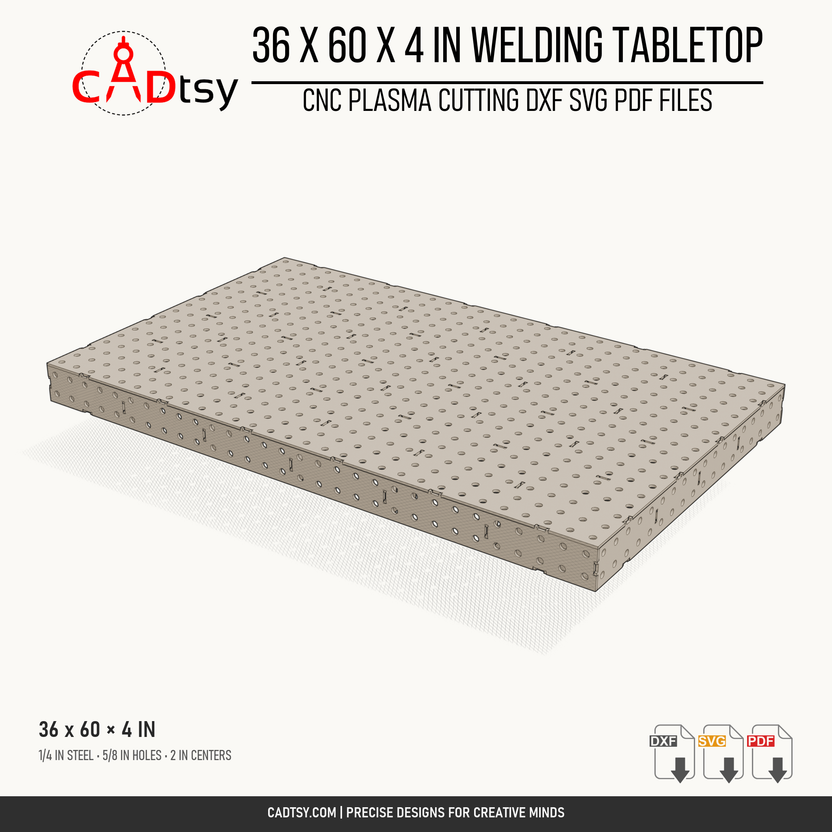 36 x 60 x 4-inch tabletop: Perspective render of the 36 by 60 by 4 inch welding fixture tabletop. Digital design files; no physical item.