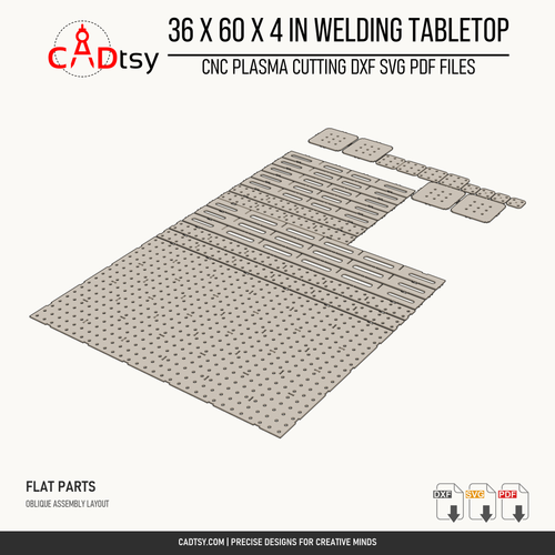 36 x 60 x 4-inch tabletop: Oblique arrangement of the tabletop components and separate flange plates. Digital design files; no physical item.