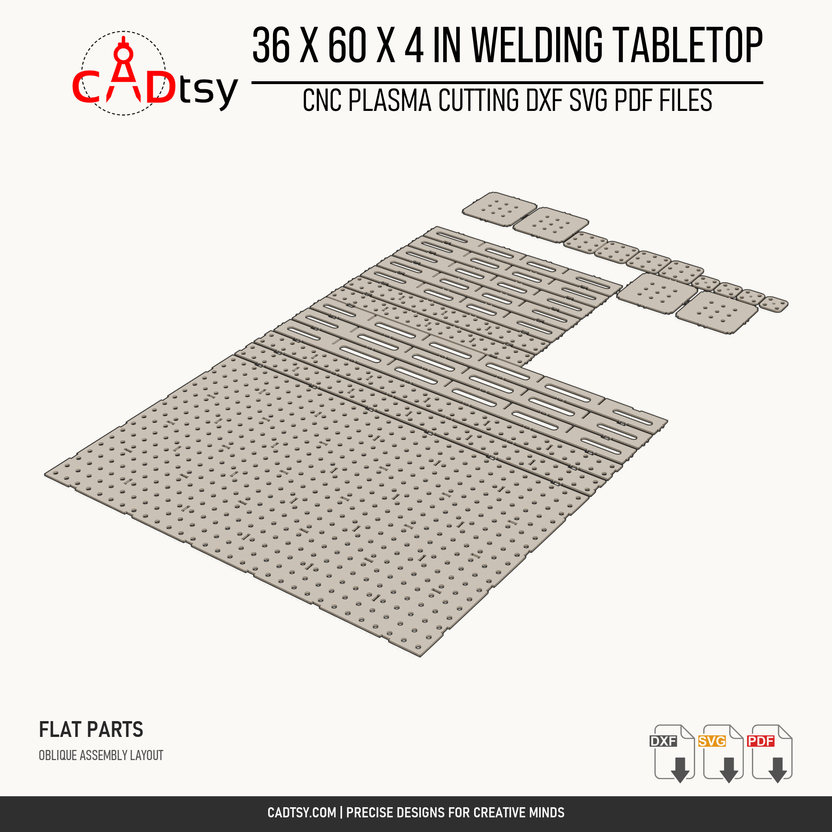 36 x 60 x 4-inch tabletop: Oblique arrangement of the tabletop components and separate flange plates. Digital design files; no physical item.