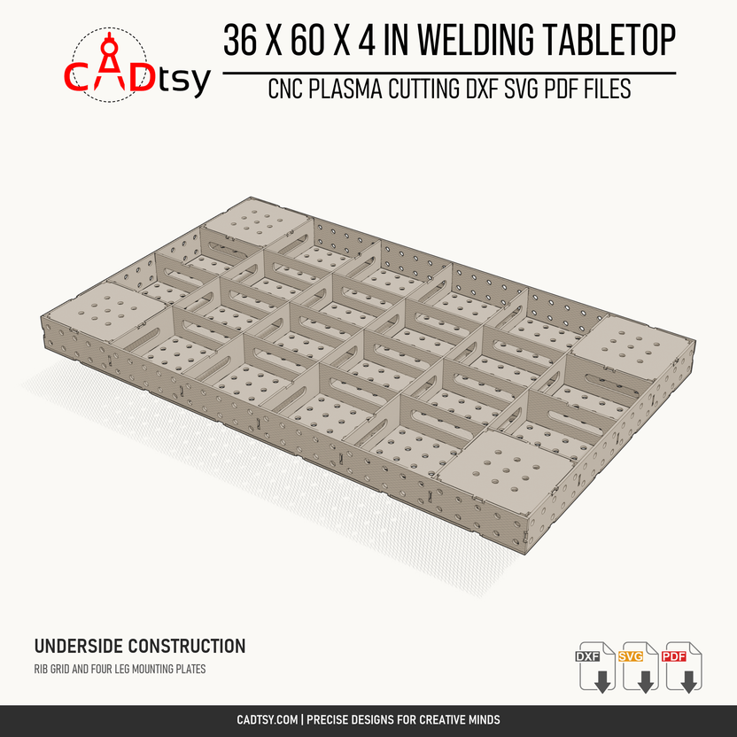 36 x 60 x 4-inch tabletop: Upside-down tabletop showing the rib grid and four leg mounting plates. Digital design files; no physical item.