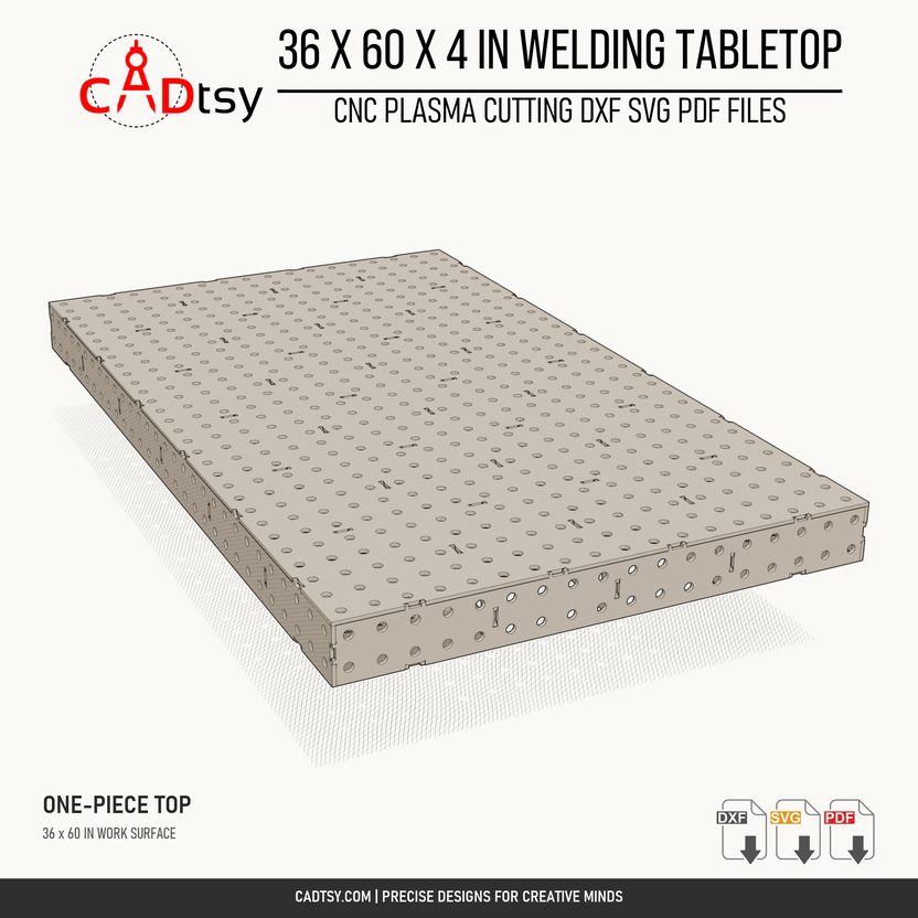 36 x 60 x 4-inch tabletop: End-angle render showing the one-piece tabletop and perforated sides. Digital design files; no physical item.
