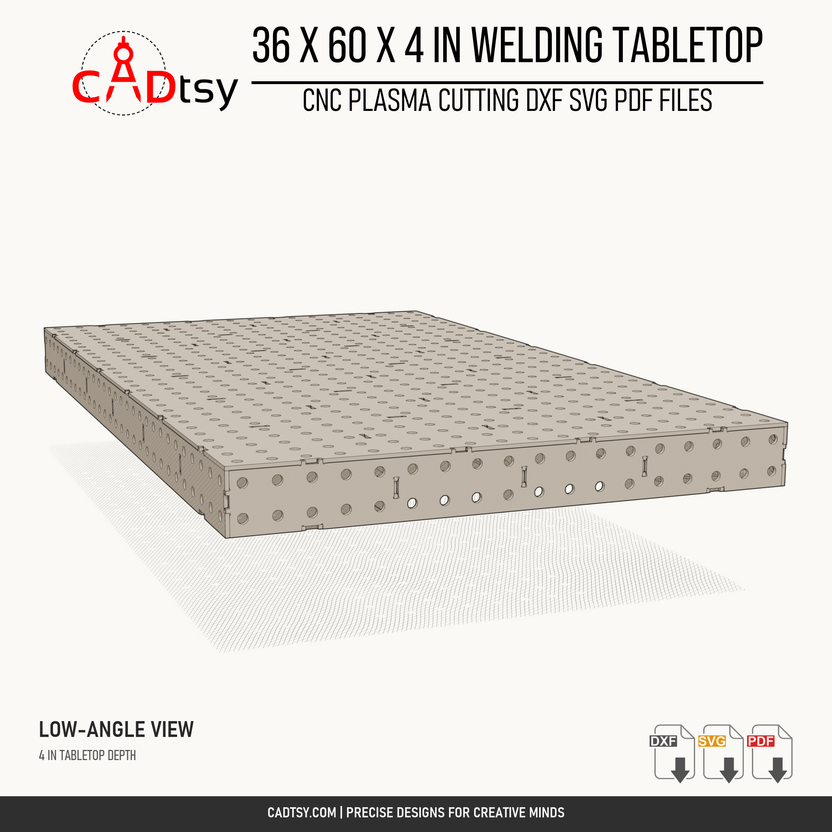 36 x 60 x 4-inch tabletop: Low end view showing tabletop depth and fixture holes in the side panels. Digital design files; no physical item.