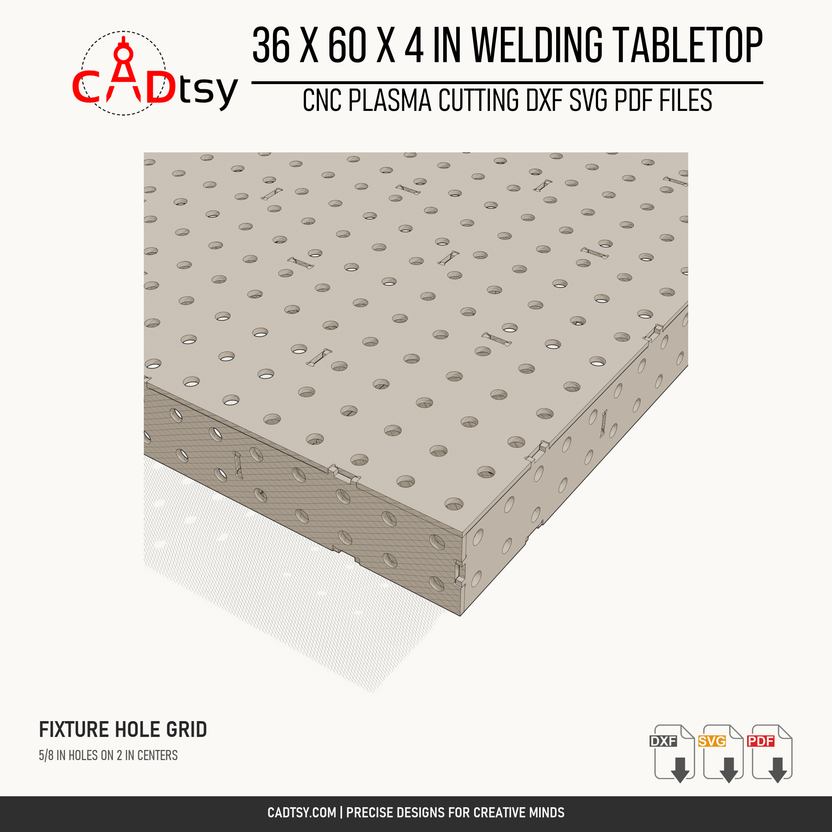 36 x 60 x 4-inch tabletop: Close-up of the fixture hole grid and tabbed tabletop corner. Digital design files; no physical item.