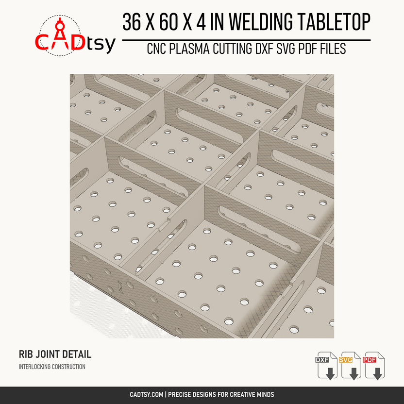 36 x 60 x 4-inch tabletop: Close-up of intersecting underside ribs and their tab and slot joints. Digital design files; no physical item.