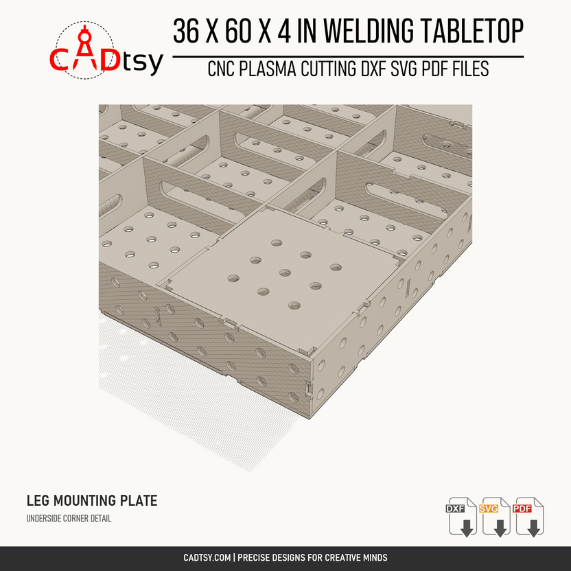 36 x 60 x 4-inch tabletop: Close-up of the nine-hole leg mounting plate and adjoining underside ribs. Digital design files; no physical item.