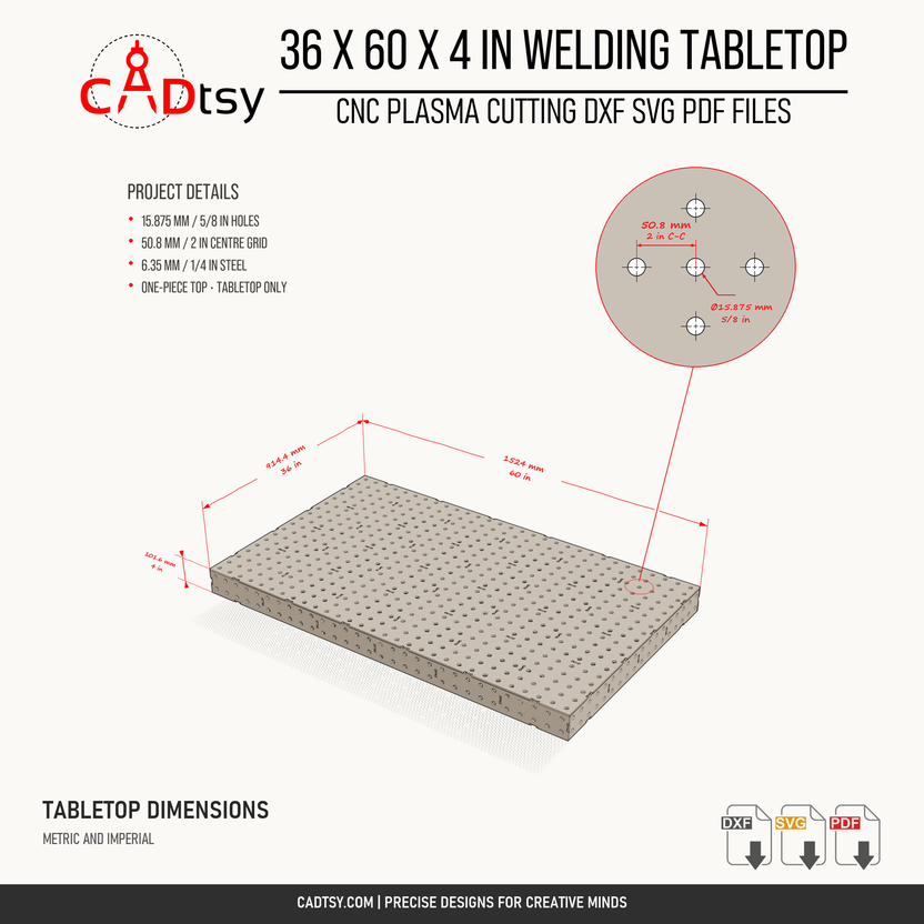 36 by 60 by 4 inch tabletop dimensions, one of the four included designs; no legs or physical table supplied.