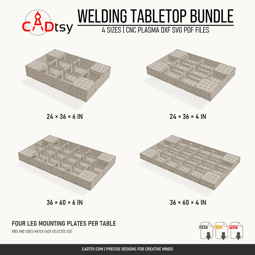 Underside renders of all four included tabletop sizes, showing ribs and four mounting plates per table. Individual renders are fitted to panels, not a common scale.