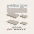 Welding tabletop digital design bundle: 36 by 60 inch tabletops on the left and 24 by 36 on the right, each in 4 and 6 inch depths, shown at a common scale. All four designs included; no physical tables.