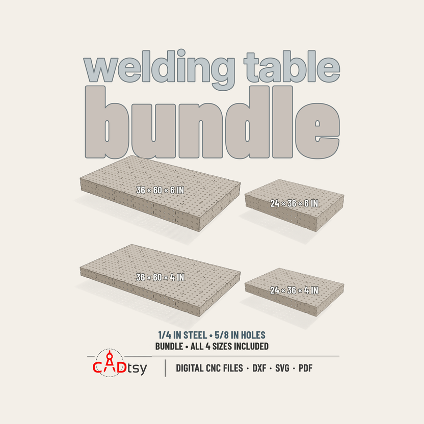 Welding tabletop digital design bundle: 36 by 60 inch tabletops on the left and 24 by 36 on the right, each in 4 and 6 inch depths, shown at a common scale. All four designs included; no physical tables.