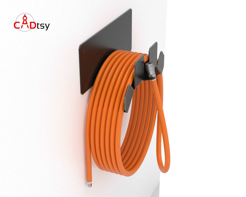 Wall mounted hose holder with coiled orange hose