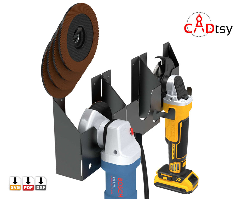 Close-up of loaded angle grinder hanger with discs