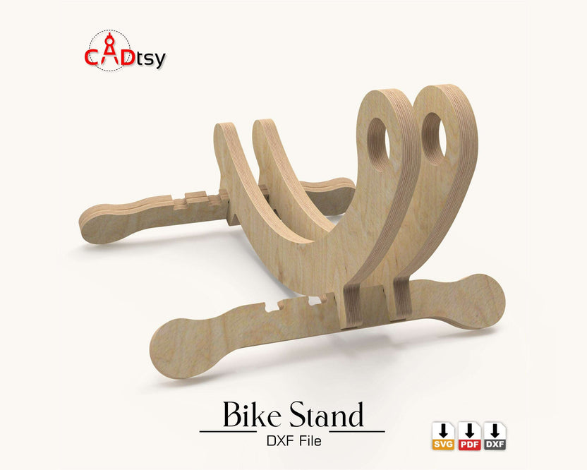 Close view of curved wooden bike stand cradle