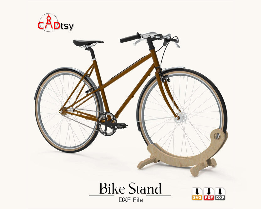Side view of bicycle held in wooden floor stand