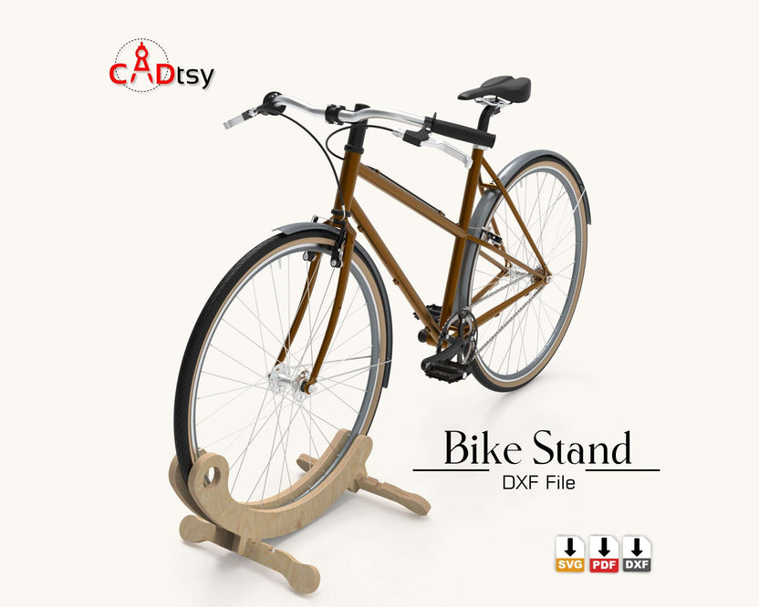 Angled bicycle view with wooden floor stand