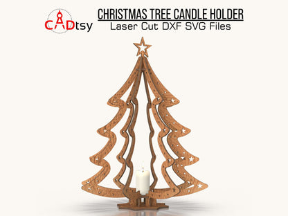 Festive Christmas tree-shaped plywood candle holder with star cut-outs, designed for CNC laser cutting, available as a digital download in DXF and SVG formats, perfect for holiday decor