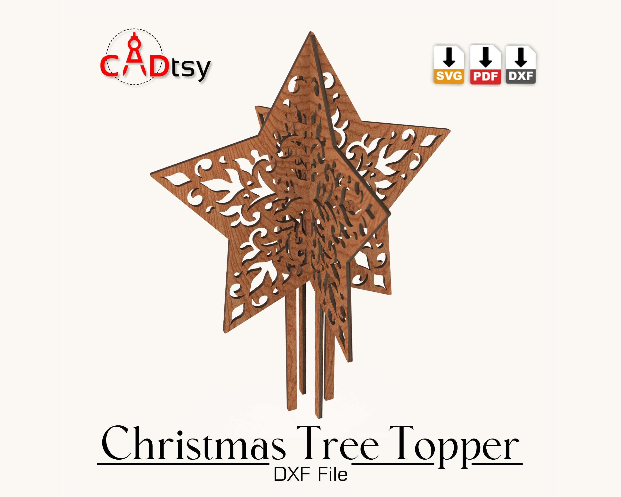 A 3D wooden star, made from a Christmas tree topper SVG file, is shown assembled and ready to be placed on a tree.