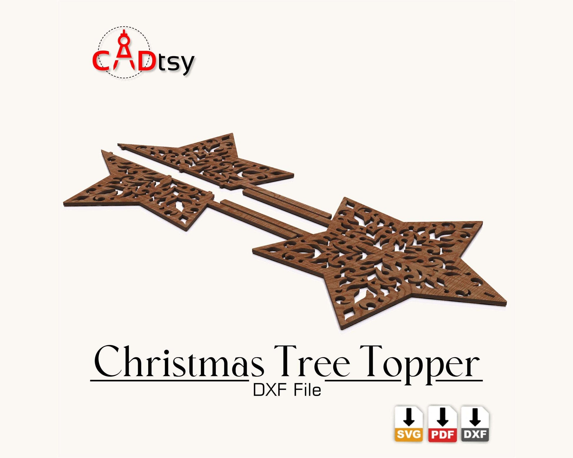 CADtsy Christmas Tree Topper Star SVG Laser Cutting File, DXF Wooden Decoration, Digital Download.