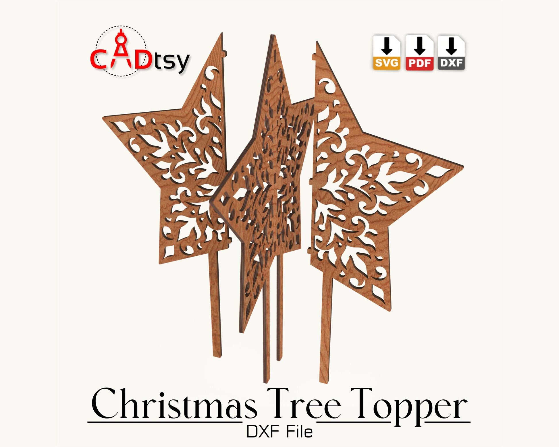 CADtsy Christmas Tree Topper Star SVG Laser Cutting File, DXF Wooden Decoration, Digital Download.